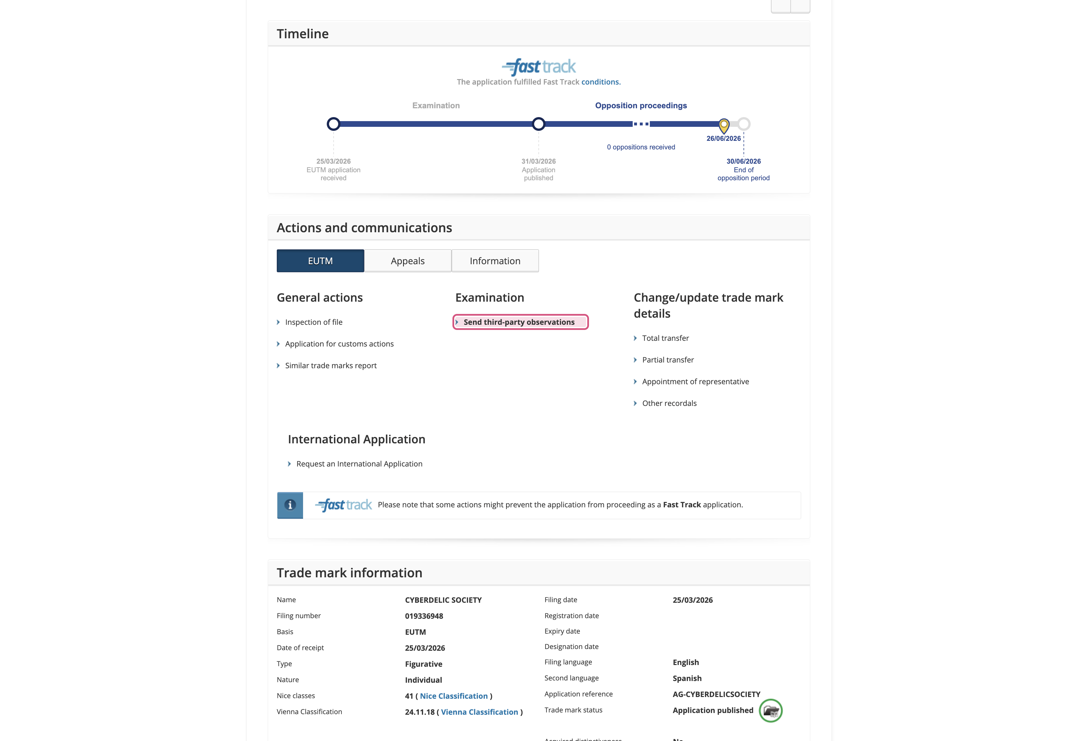 EUIPO eSearch page for application 019336948. In the Actions and communications panel, the EUTM tab is selected and the ‘Send third-party observations’ link under the Examination heading is outlined.